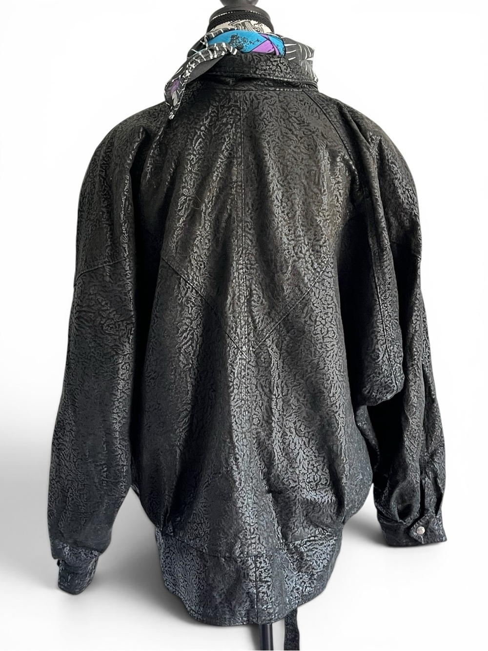 Vintage Embossed Textured Black Leather Bomber Jacket Oversized Batwing 80s - Picture 6 of 12